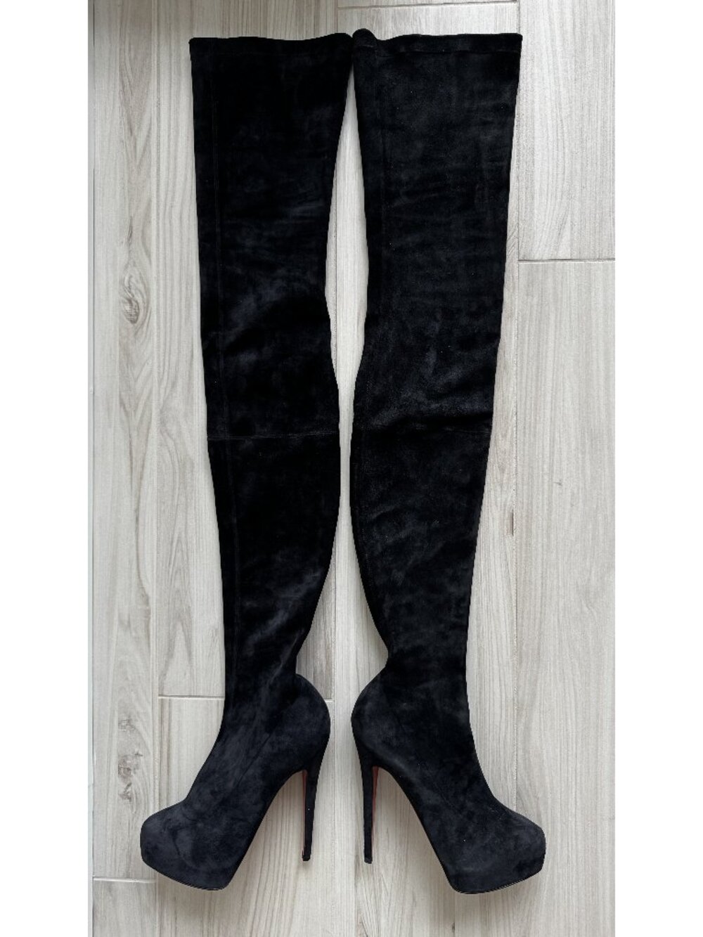 NEW Christian Louboutin Monique 160 Black Stretch Suede Thigh High Boot 38.5